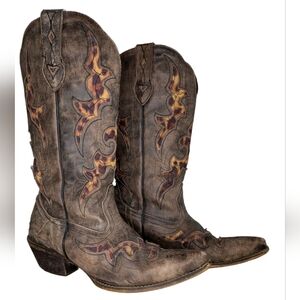 Leather Cowboy Boots Leopard Inlay